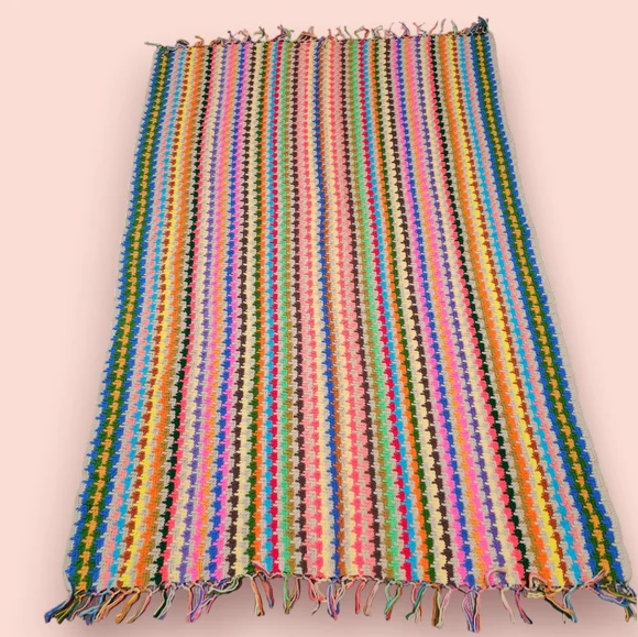 Vintage Striped Granny Square Afgan Blanket Queen Rainbow Multicolored Houndstoo - Picture 2 of 6